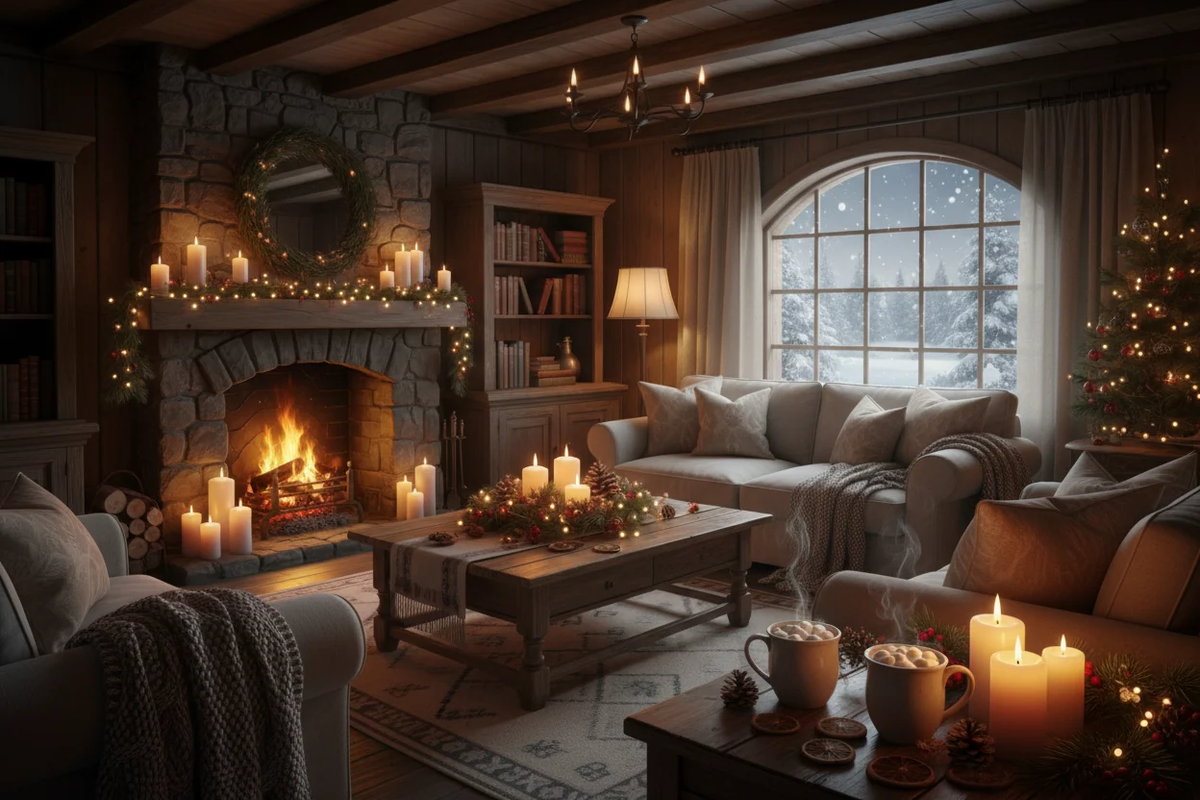 Cozy relaxing living room with fireplace and candles