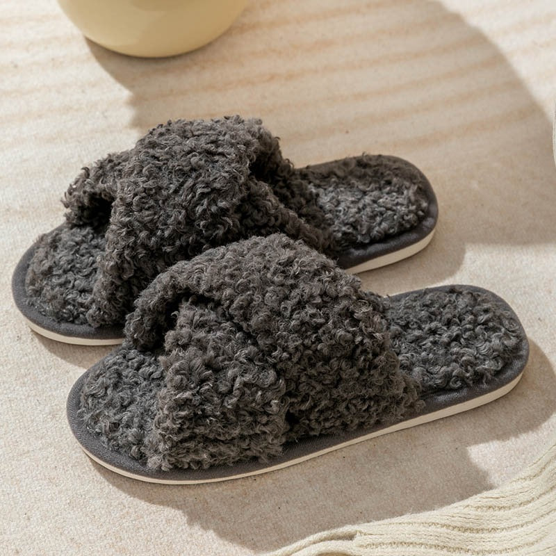Plush cross strap cotton slippers for women