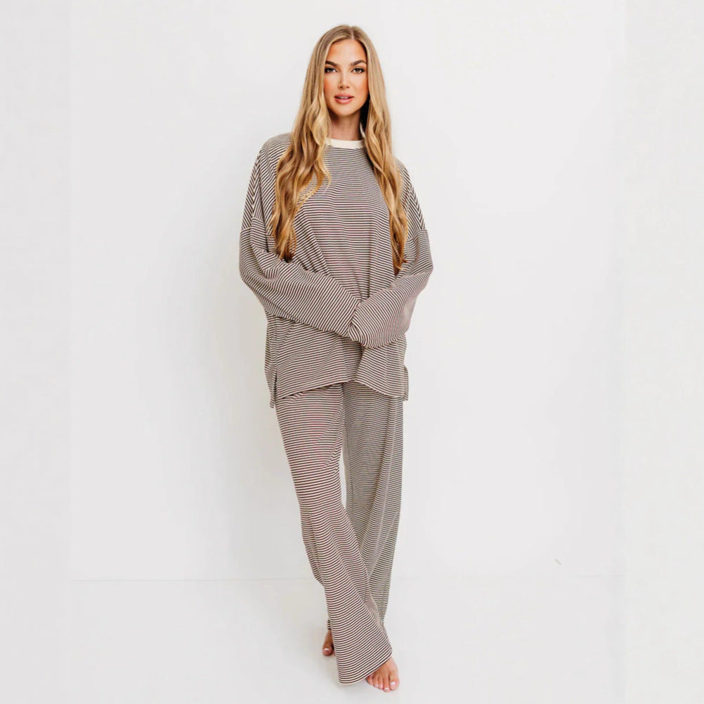 Fashion Stripe Casual Lounge Wear Pajama Set for Women