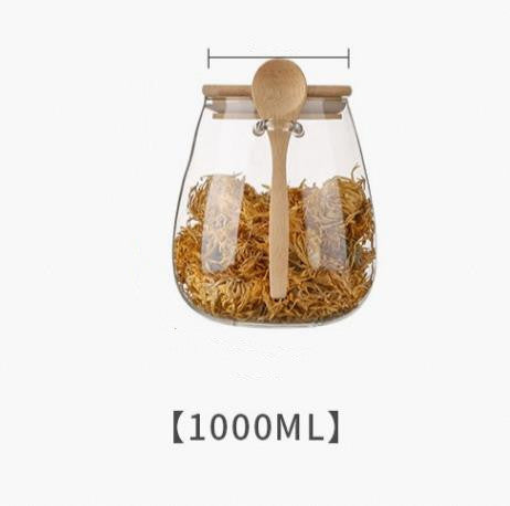 Glass Spice Jar Bamboo Wooden Lid Food Storage Container With Spoon
