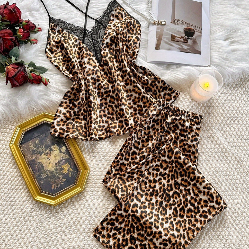 Women's Sleepwear Set, Spring and Autumn Strap Long Pants Two-Piece Set, Sexy Leopard Print Pajamas Homewear Set