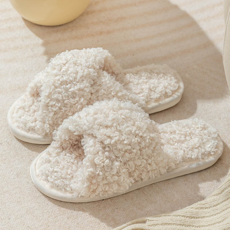 Plush cross strap cotton slippers for women