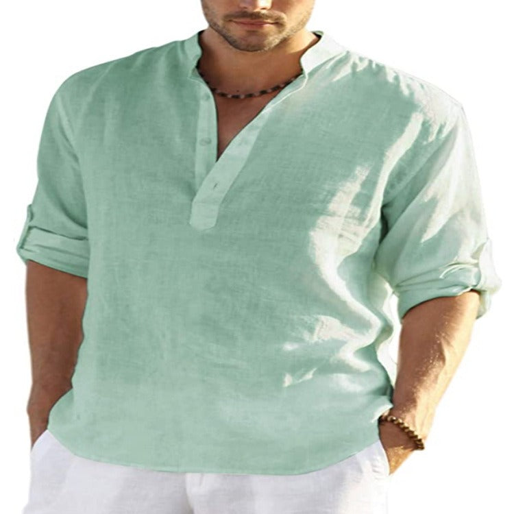 MENS LINEN SLEEVED SHIRT LOOSE SOLID COLOR
