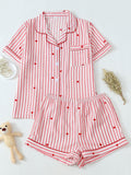 Pink Striped Heart Print Bubble Pleat Sleepwear Set, Fashionable Lounge Wear