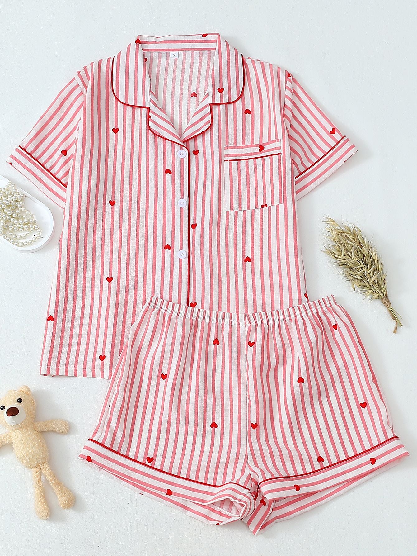 Pink Striped Heart Print Bubble Pleat Sleepwear Set, Fashionable Lounge Wear
