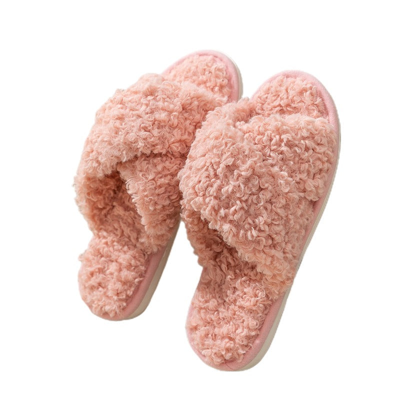 Plush cross strap cotton slippers for women