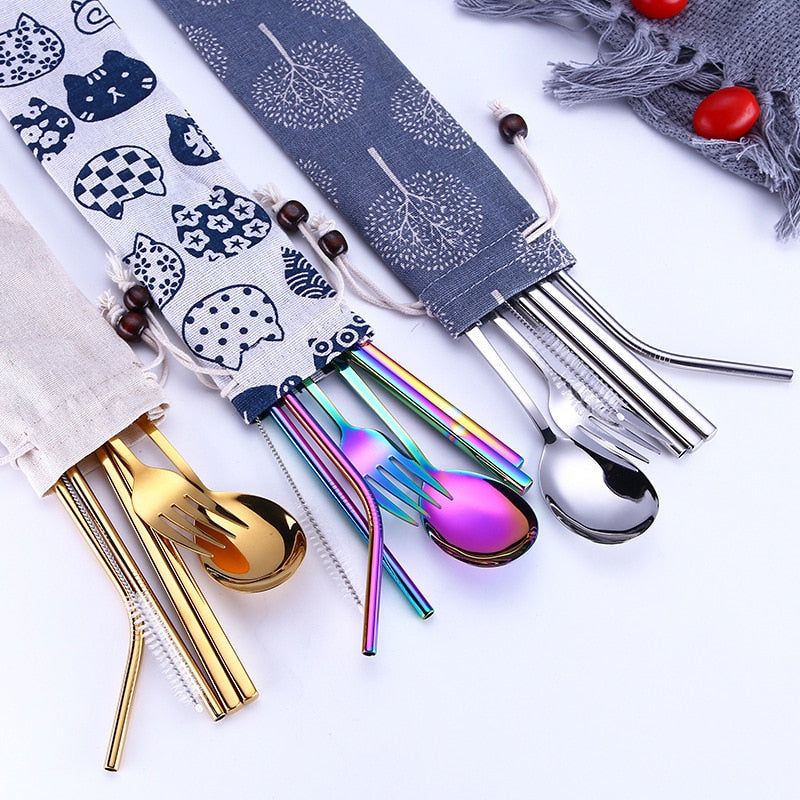 Stainless Steel Dinnerware Set Spoon Fork Chopsticks Straw With Cloth Pouch Cutlery