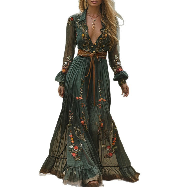 Copy of Long Sleeve Printed Maxi Dress with Shirt Collar for Women