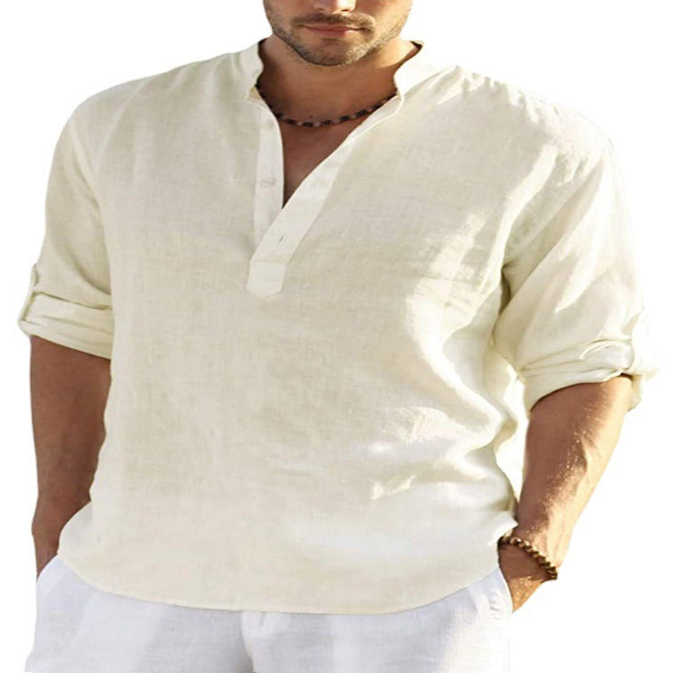 MENS LINEN SLEEVED SHIRT LOOSE SOLID COLOR