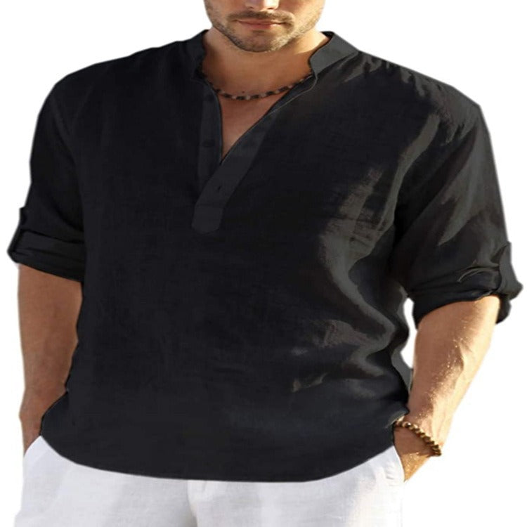 MENS LINEN SLEEVED SHIRT LOOSE SOLID COLOR
