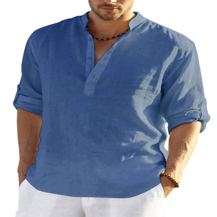 MENS LINEN SLEEVED SHIRT LOOSE SOLID COLOR