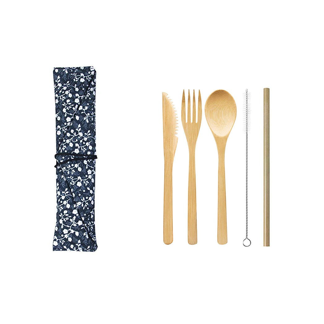 Bamboo Knife, Fork, Spoon, Bamboo Straw, Outdoor Environmentally-Friendly Tableware, Cloth Bag Set