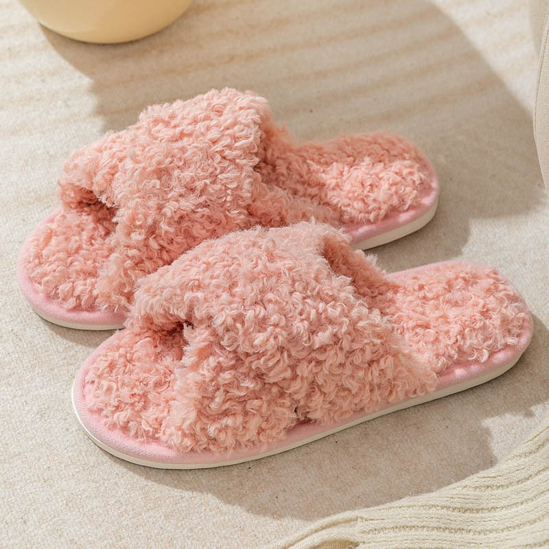 Plush cross strap cotton slippers for women
