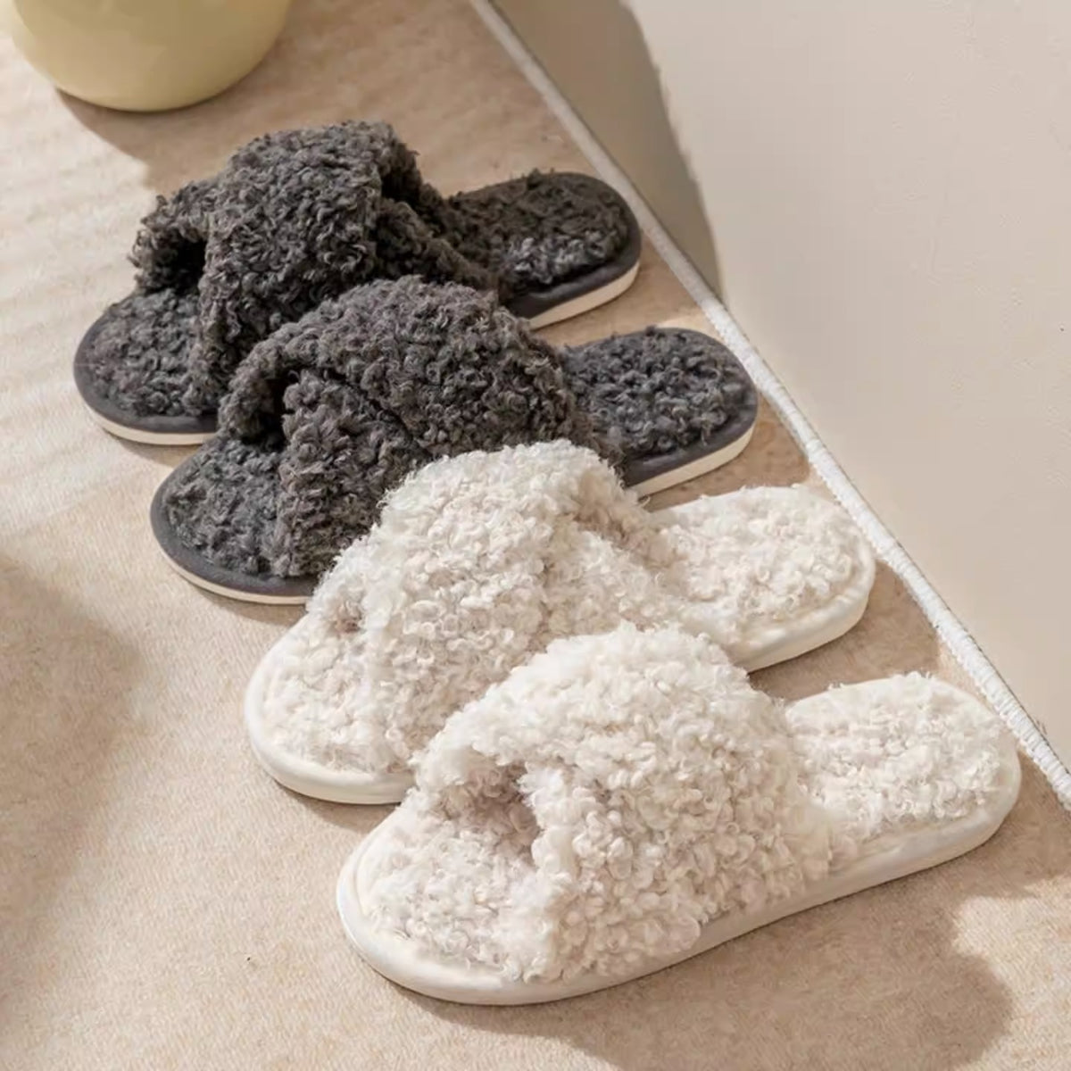 Plush cross strap cotton slippers for women