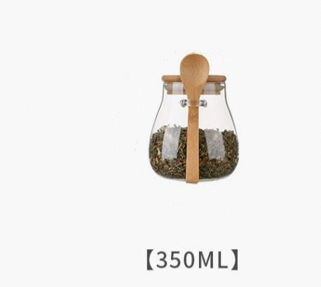 Glass Spice Jar Bamboo Wooden Lid Food Storage Container With Spoon