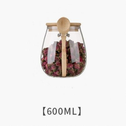 Glass Spice Jar Bamboo Wooden Lid Food Storage Container With Spoon