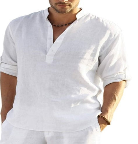 MENS LINEN SLEEVED SHIRT LOOSE SOLID COLOR