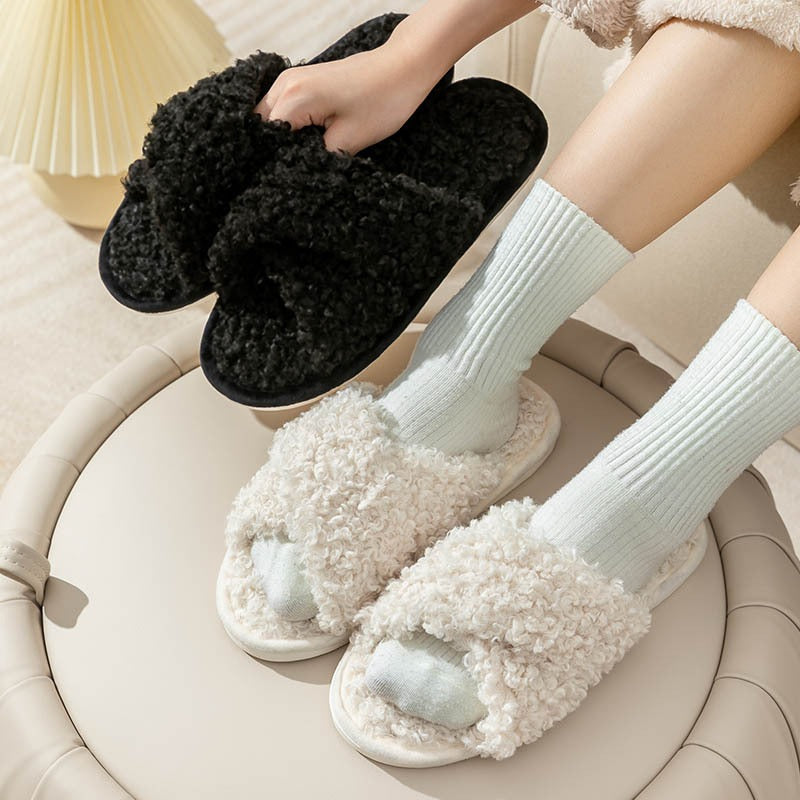 Plush cross strap cotton slippers for women