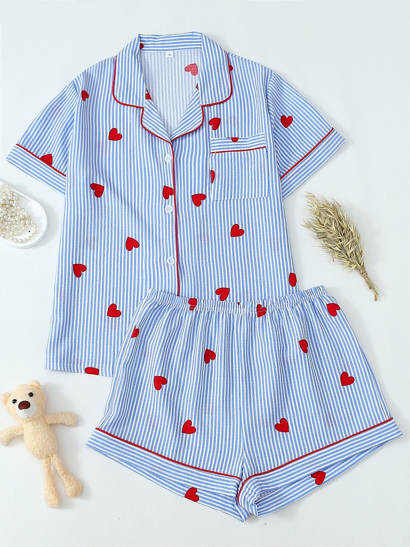Pink Striped Heart Print Bubble Pleat Sleepwear Set, Fashionable Lounge Wear
