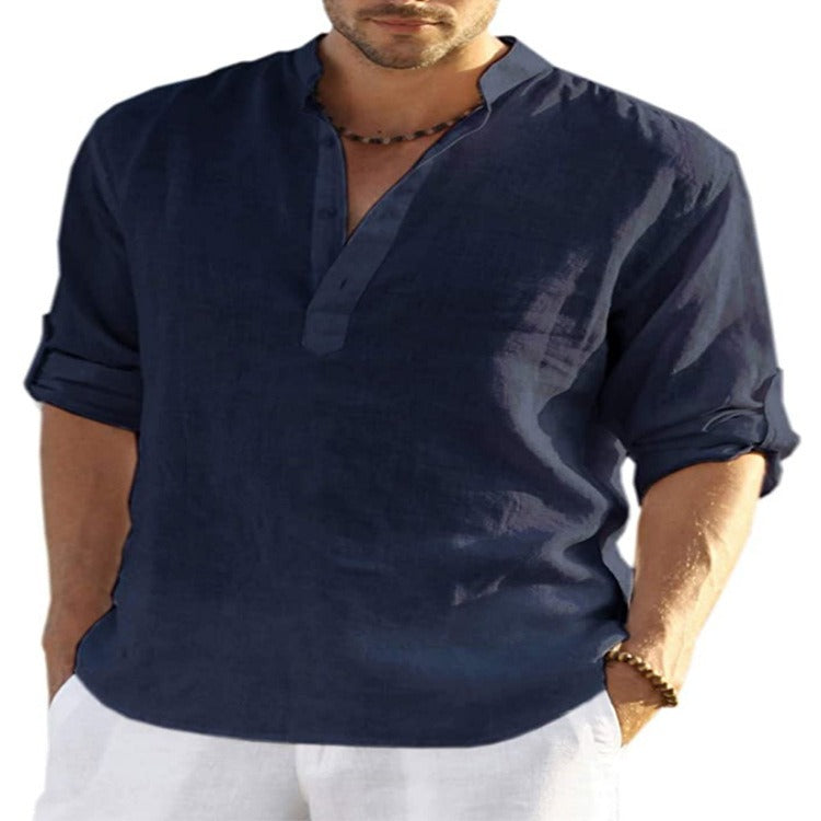 MENS LINEN SLEEVED SHIRT LOOSE SOLID COLOR