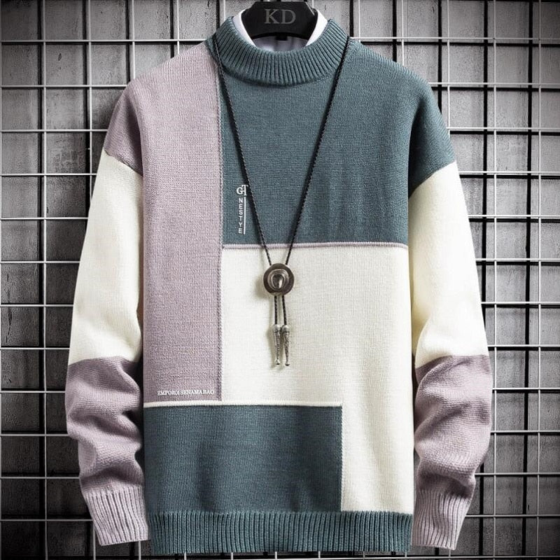 Winter Cashmere Sweater Men's Turtleneck Patchwork