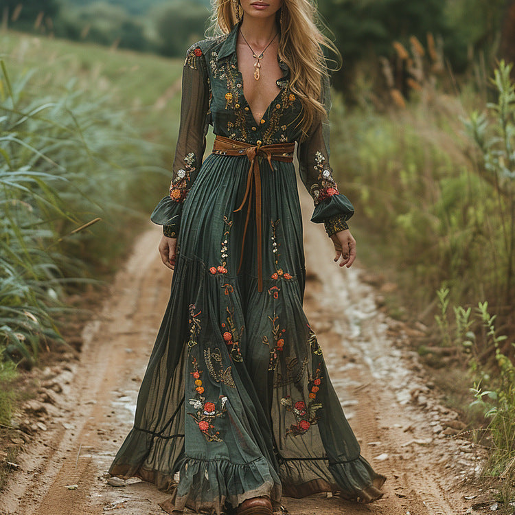 Copy of Long Sleeve Printed Maxi Dress with Shirt Collar for Women