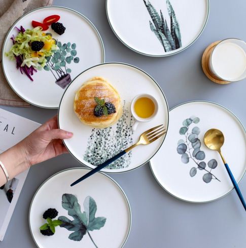 6color 8.8inch In-glaze Decoration Plant Dinner Plate Bone China Cake Dishes Plate Porcelain Pastry Fruit Tray Ceramic Tableware