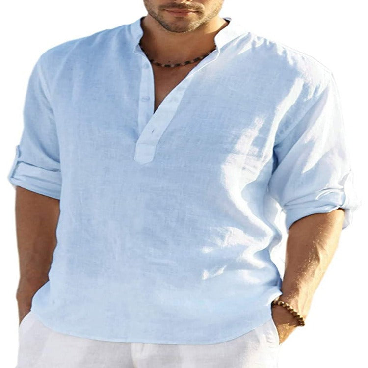 MENS LINEN SLEEVED SHIRT LOOSE SOLID COLOR