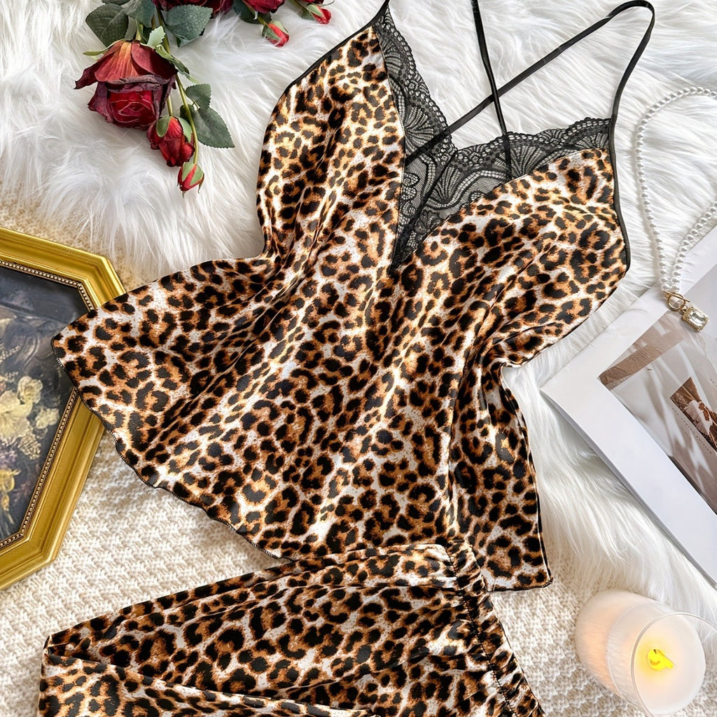 Women's Sleepwear Set, Spring and Autumn Strap Long Pants Two-Piece Set, Sexy Leopard Print Pajamas Homewear Set