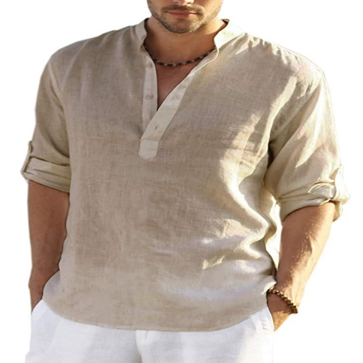 MENS LINEN SLEEVED SHIRT LOOSE SOLID COLOR