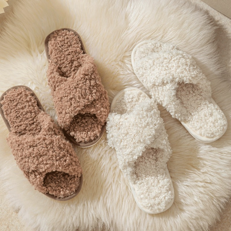 Plush cross strap cotton slippers for women