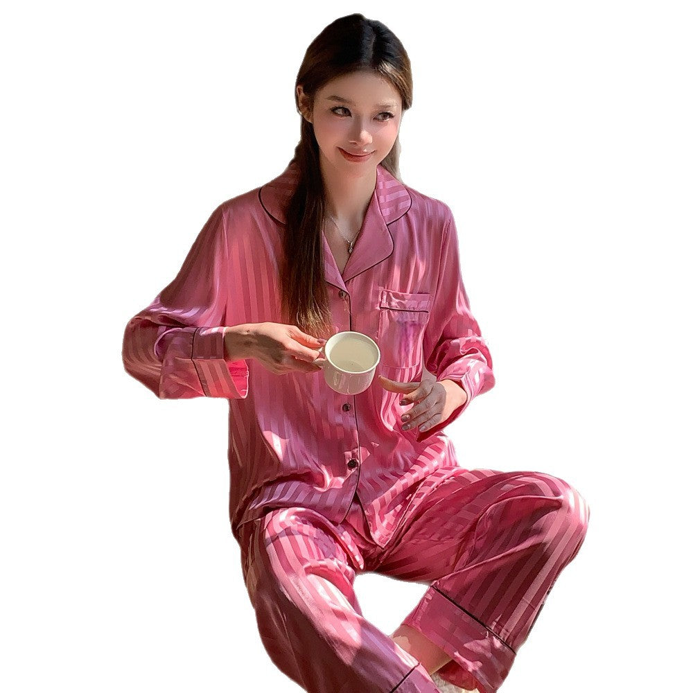 Silk Satin Stripe Jacquard Lounge Wear Set for Women, Comfortable Loose FitSpring and Autumn Style