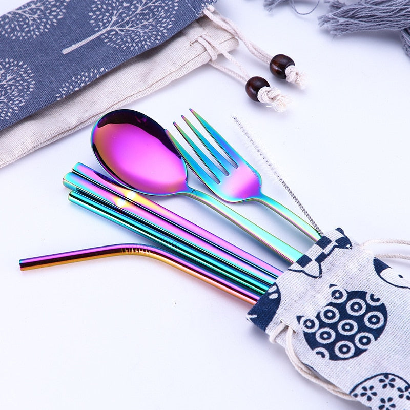 Stainless Steel Dinnerware Set Spoon Fork Chopsticks Straw With Cloth Pouch Cutlery