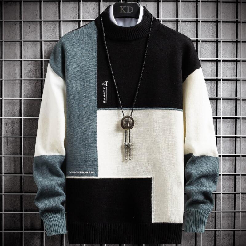 Winter Cashmere Sweater Men's Turtleneck Patchwork