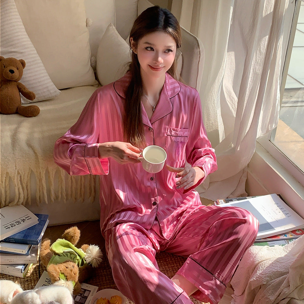 Silk Satin Stripe Jacquard Lounge Wear Set for Women, Comfortable Loose FitSpring and Autumn Style
