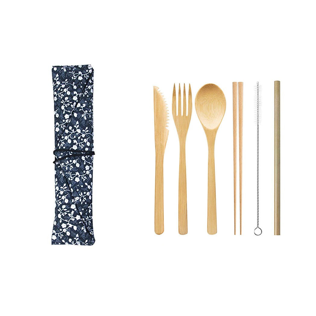 Bamboo Knife, Fork, Spoon, Bamboo Straw, Outdoor Environmentally-Friendly Tableware, Cloth Bag Set