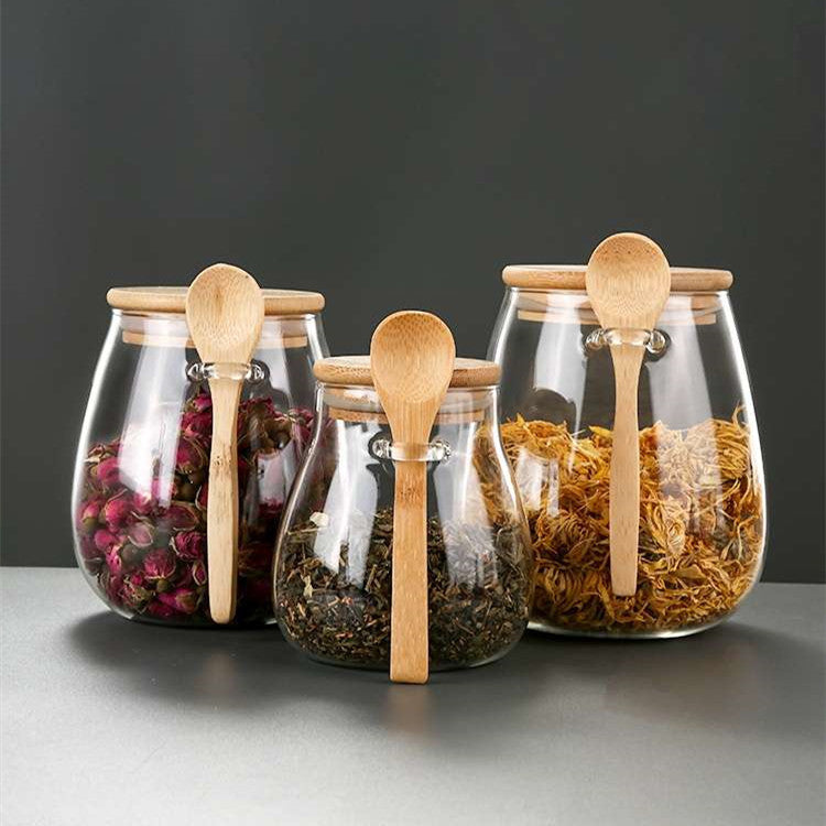 Glass Spice Jar Bamboo Wooden Lid Food Storage Container With Spoon