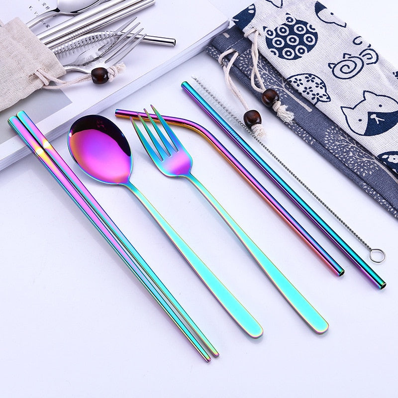 Stainless Steel Dinnerware Set Spoon Fork Chopsticks Straw With Cloth Pouch Cutlery