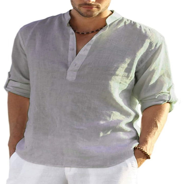 MENS LINEN SLEEVED SHIRT LOOSE SOLID COLOR
