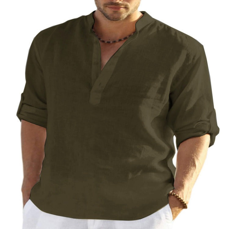MENS LINEN SLEEVED SHIRT LOOSE SOLID COLOR