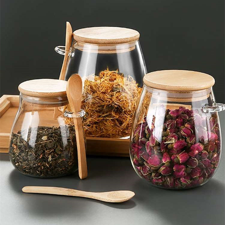 Glass Spice Jar Bamboo Wooden Lid Food Storage Container With Spoon