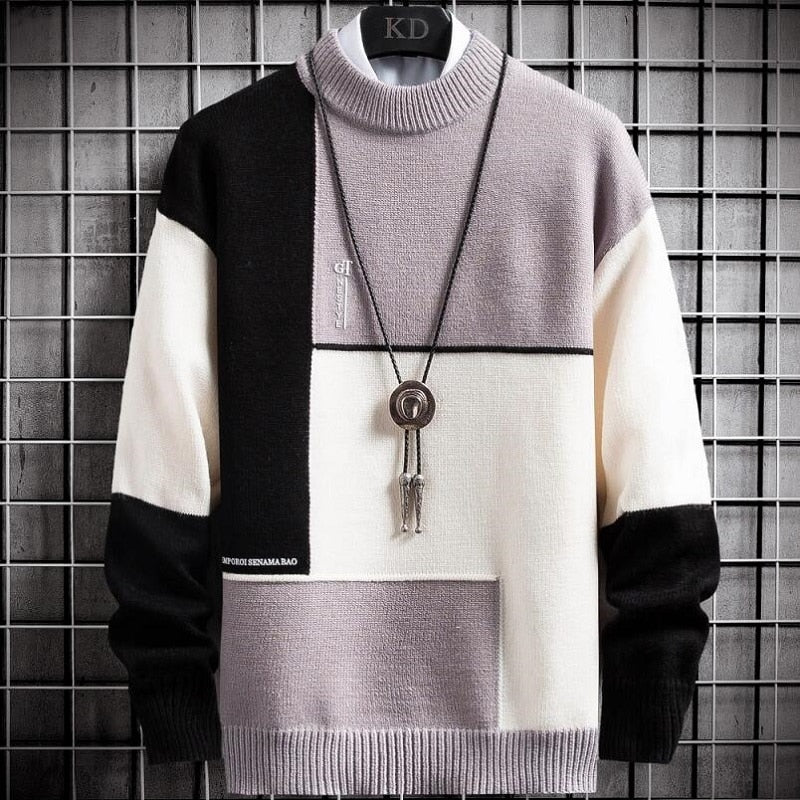 Winter Cashmere Sweater Men's Turtleneck Patchwork