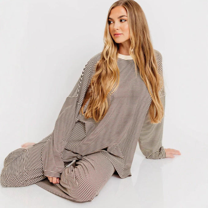 Fashion Stripe Casual Lounge Wear Pajama Set for Women