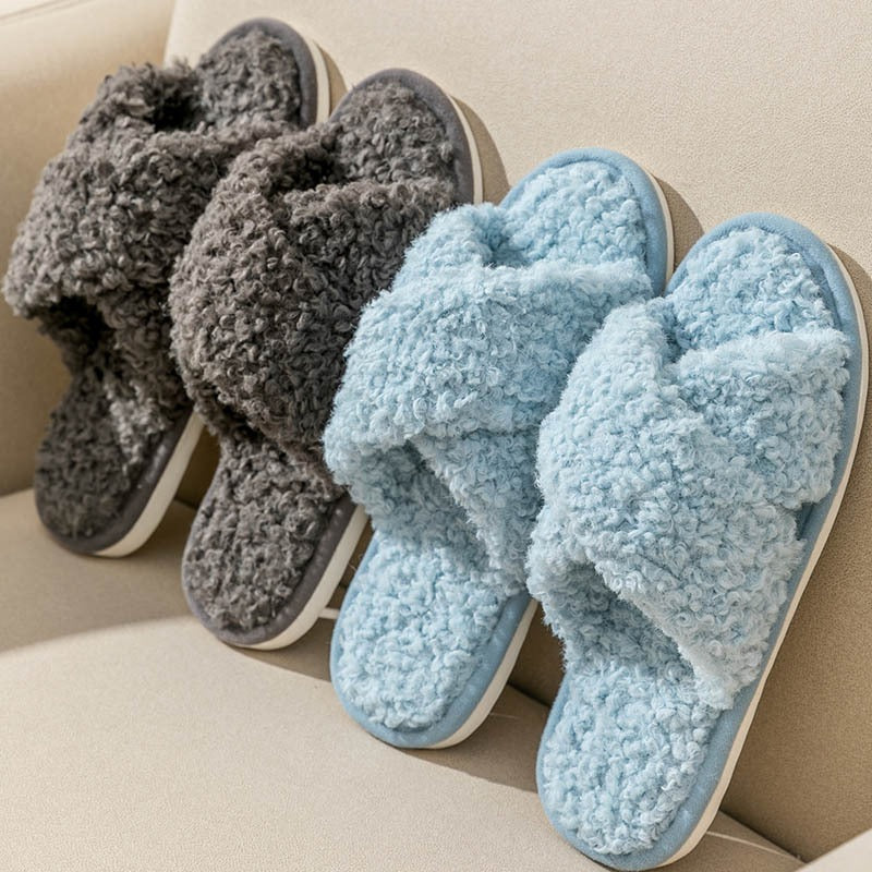 Plush cross strap cotton slippers for women