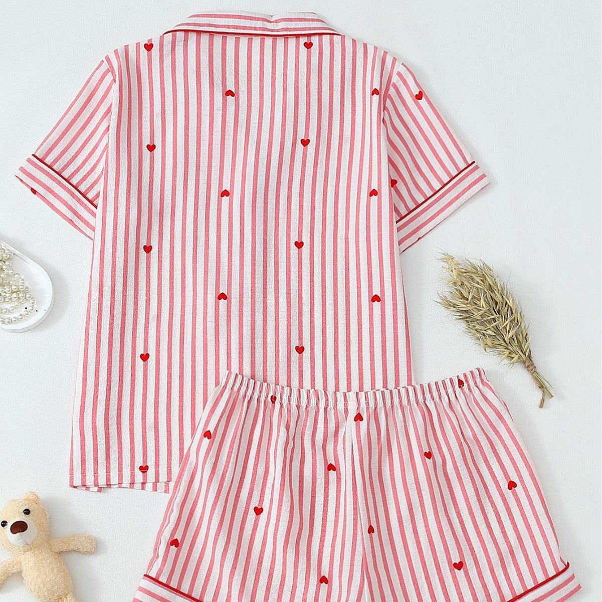 Pink Striped Heart Print Bubble Pleat Sleepwear Set, Fashionable Lounge Wear