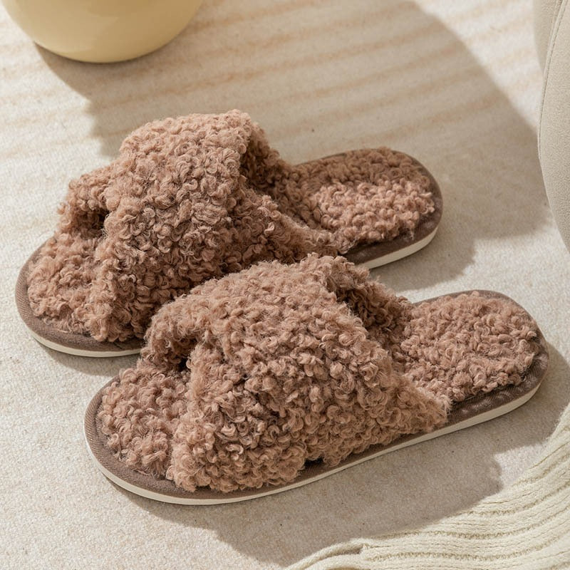Plush cross strap cotton slippers for women