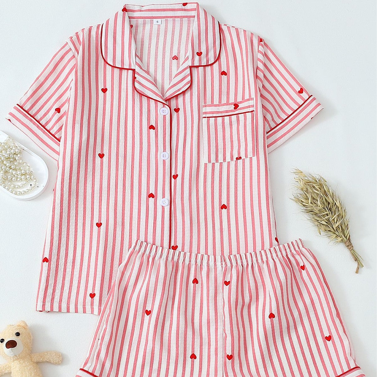 Pink Striped Heart Print Bubble Pleat Sleepwear Set, Fashionable Lounge Wear