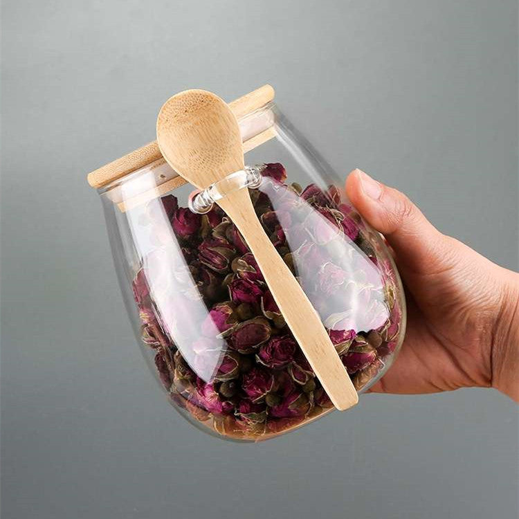 Glass Spice Jar Bamboo Wooden Lid Food Storage Container With Spoon