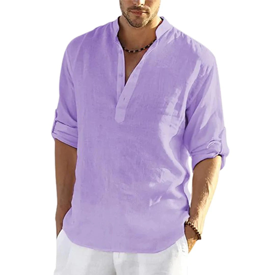 MENS LINEN SLEEVED SHIRT LOOSE SOLID COLOR
