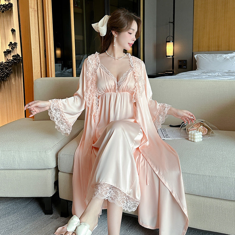 Silk Sleepwear Women's Spring Summer Autumn Sexy Strapless Robe with Built-in Bra Long Sleeve Two-Piece Set Ice Silk Princess Style Pajamas
